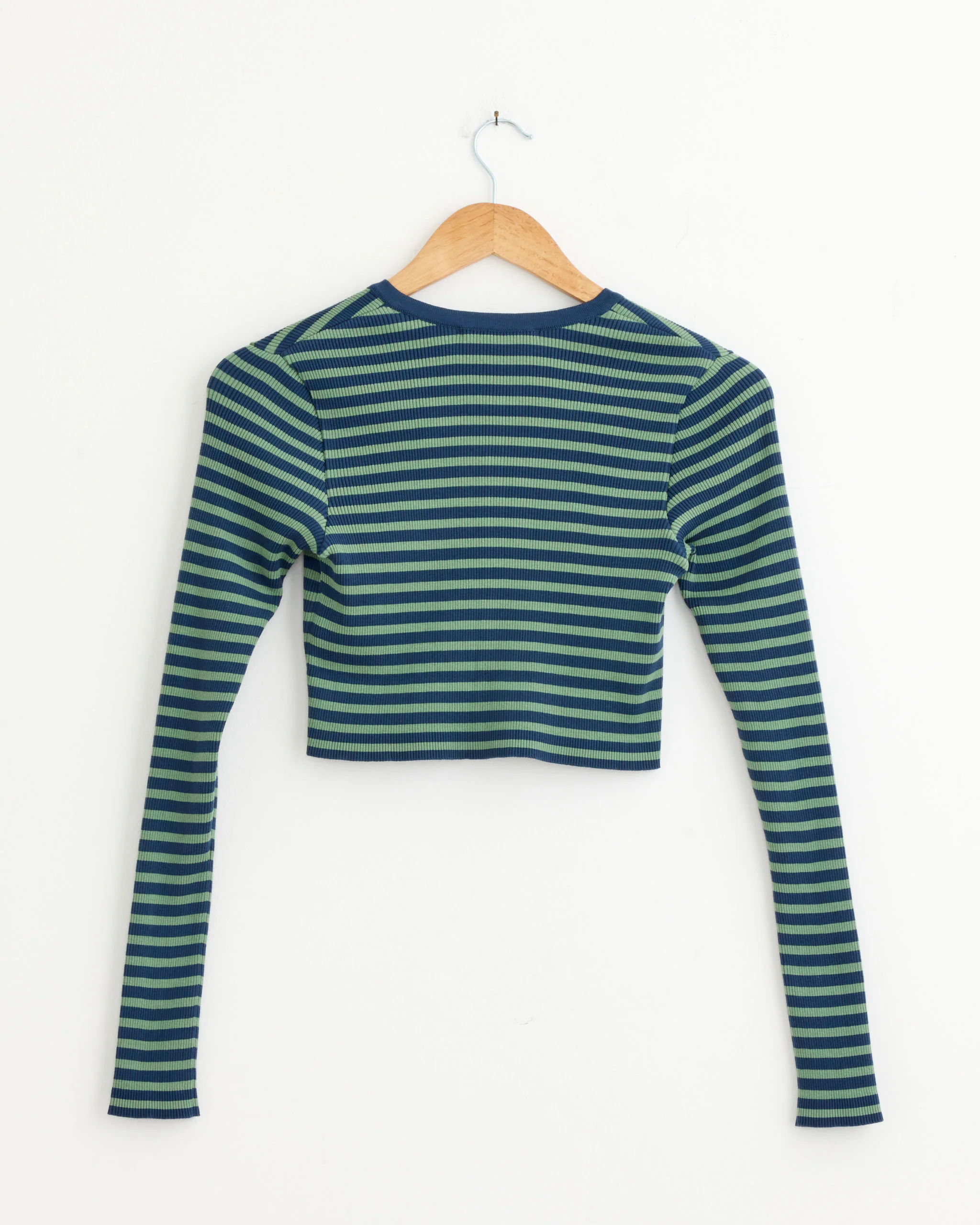 Cropped Crewneck Cardigan in Pale Green/Navy Stripe - Image 3